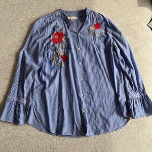 Women's Blue & White Striped Button Down with Floral Embroidery